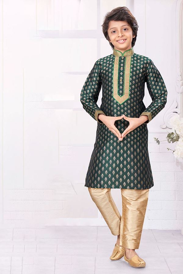 Picture of Awesome Green Colored Designer Kid’s Kurta Pajama Set for Festivals, Weddings, Reception, and Party