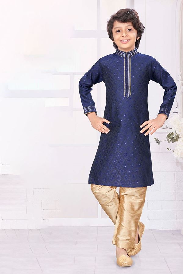 Picture of Charming Navy Blue Colored Designer Kid’s Kurta Pajama Set for Festivals, Weddings, and Party