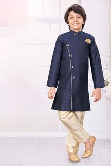 Picture of Stylish Navy Blue Colored Designer Kid’s Kurta Pajama Set for Festivals, Weddings, and Party