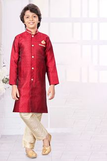 Picture of Attractive Maroon Colored Designer Kid’s Kurta Pajama Set for Festivals, Weddings, and Party
