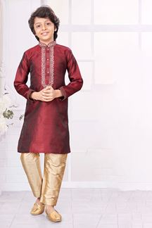 Picture of Exuberant Maroon Colored Designer Kid’s Kurta Pajama Set for Festivals, Weddings, Reception, and Party