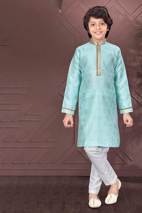 Picture of Classy Light Firozi Colored Designer Kid’s Kurta Pajama Set for Festivals, Engagement, Reception, and Party