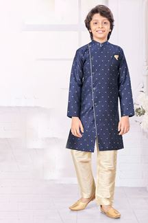 Picture of Dashing Navy Blue Colored Designer Kid’s Kurta Pajama Set for Festivals, Weddings, and Party