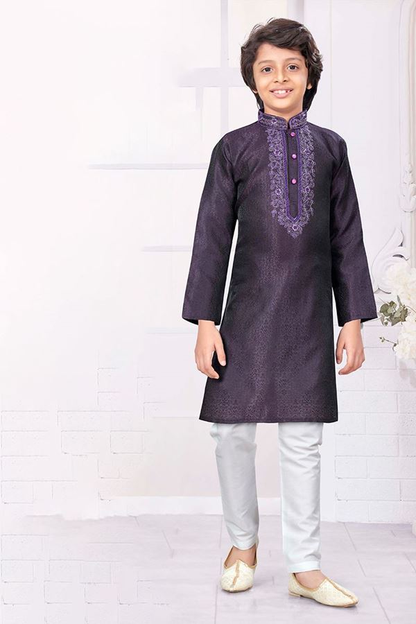 Picture of Spectacular Wine Colored Designer Kid’s Kurta Pajama Set for Festivals, Engagements, Reception, and Party