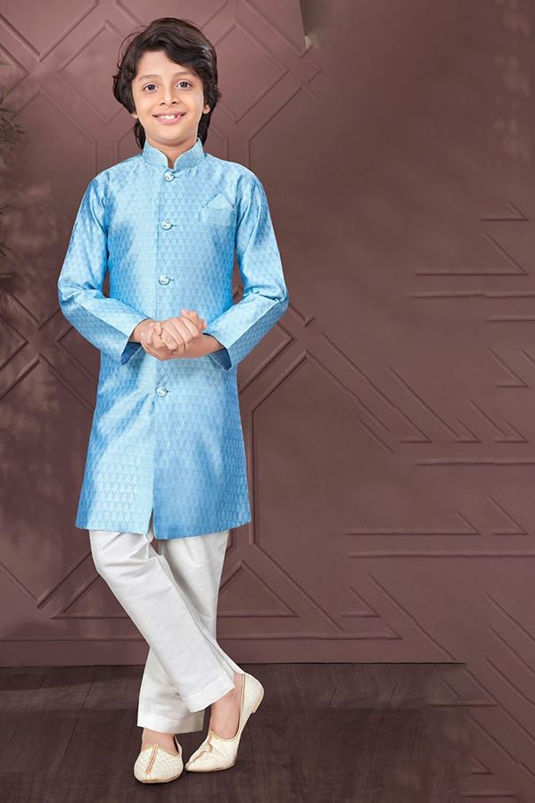 Picture of Exquisite Sky Blue Colored Designer Kid’s Kurta Pajama Set for Festivals, Engagements, Reception, and Party