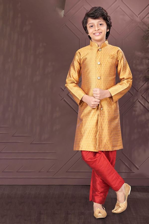 Picture of Impressive Mustard Colored Designer Kid’s Kurta Pajama Set for Festivals, Haldi, Wedding, and Party