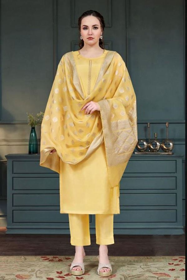 Picture of Awesome Art Silk Designer Straight Cut Suit for Party, Haldi, and Festival