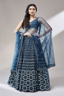 Picture of Breathtaking Navy Blue Designer Indo-Western Lehenga Choli for Pre-Wedding Shoot, Engagement and Reception