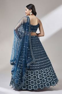 Picture of Breathtaking Navy Blue Designer Indo-Western Lehenga Choli for Pre-Wedding Shoot, Engagement and Reception