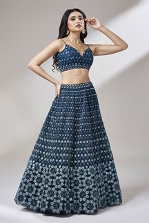 Picture of Breathtaking Navy Blue Designer Indo-Western Lehenga Choli for Pre-Wedding Shoot, Engagement and Reception