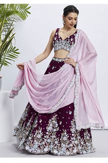 Picture of Smashing Burgundy Designer Indo-Western Lehenga Choli for Pre-Wedding Shoot, Engagement, Reception, and Party