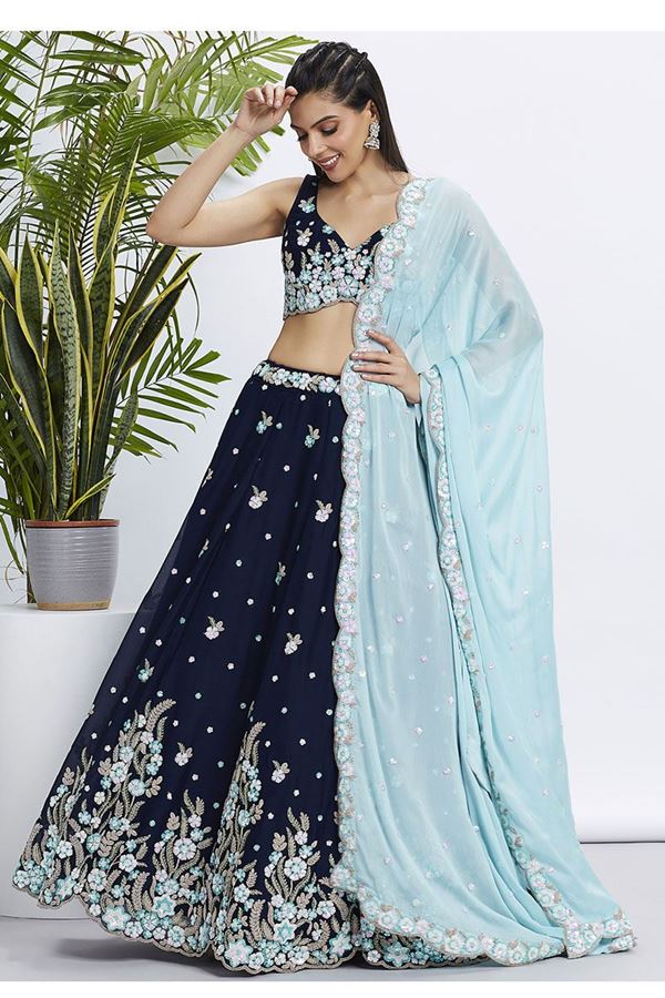 Picture of Spectacular Navy Blue Designer Indo-Western Lehenga Choli for Pre-Wedding Shoot, Engagement, Reception, and Party