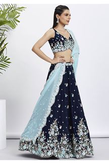 Picture of Spectacular Navy Blue Designer Indo-Western Lehenga Choli for Pre-Wedding Shoot, Engagement, Reception, and Party