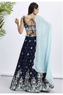 Picture of Spectacular Navy Blue Designer Indo-Western Lehenga Choli for Pre-Wedding Shoot, Engagement, Reception, and Party