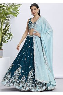 Picture of Splendid Teal Designer Indo-Western Lehenga Choli for Pre-Wedding Shoot, Engagement, Reception, and Party