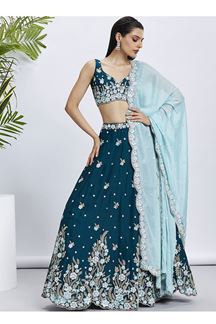 Picture of Splendid Teal Designer Indo-Western Lehenga Choli for Pre-Wedding Shoot, Engagement, Reception, and Party