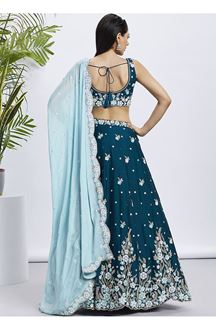 Picture of Splendid Teal Designer Indo-Western Lehenga Choli for Pre-Wedding Shoot, Engagement, Reception, and Party