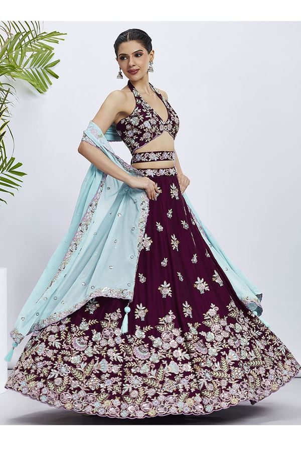 Picture of Bollywood Burgundy Designer Indo-Western Lehenga Choli for Engagement, Reception, and Party