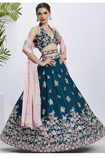 Picture of Mesmerizing Teal Designer Indo-Western Lehenga Choli for Engagement, Reception, and Party