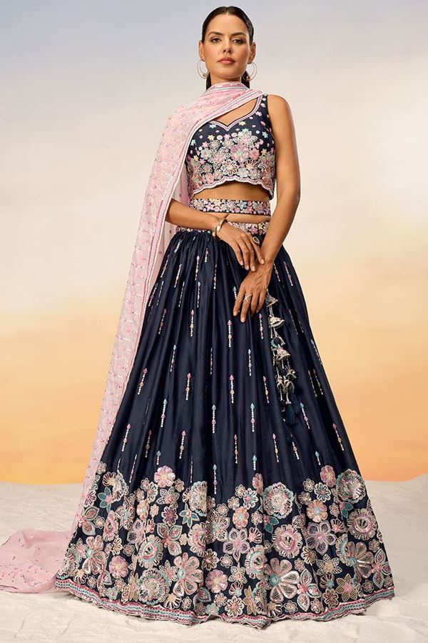 Picture of Creative Navy Blue Designer Indo-Western Lehenga Choli for Wedding, Engagement, Reception