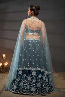 Picture of Dashing Teal Designer Indo-Western Lehenga Choli for Engagement and Reception