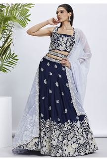 Picture of Classy Navy Blue Designer Indo-Western Lehenga Choli for Sangeet, Pre-Wedding Shoot, and Festivals