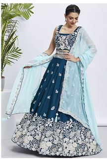 Picture of Pretty Teal Designer Indo-Western Lehenga Choli for Sangeet, Pre-Wedding Shoot, and Festivals