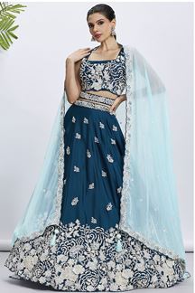 Picture of Pretty Teal Designer Indo-Western Lehenga Choli for Sangeet, Pre-Wedding Shoot, and Festivals