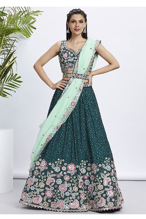 Picture of Impressive Green Designer Indo-Western Lehenga Choli for Mehendi, Festivals and Party