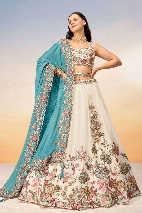 Picture of Lovely Cream Designer Indo-Western Lehenga Choli for Engagement and Reception