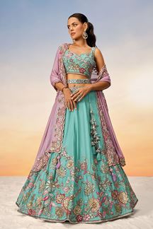 Picture of Aesthetic Turquoise Blue Designer Indo-Western Lehenga Choli for Engagement and Reception