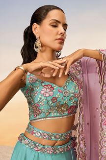 Picture of Aesthetic Turquoise Blue Designer Indo-Western Lehenga Choli for Engagement and Reception