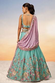 Picture of Aesthetic Turquoise Blue Designer Indo-Western Lehenga Choli for Engagement and Reception