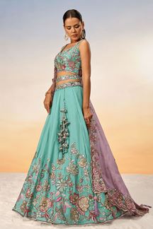 Picture of Aesthetic Turquoise Blue Designer Indo-Western Lehenga Choli for Engagement and Reception