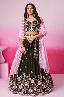 Picture of Exquisite Olive Designer Indo-Western Lehenga Choli for Engagement and Reception