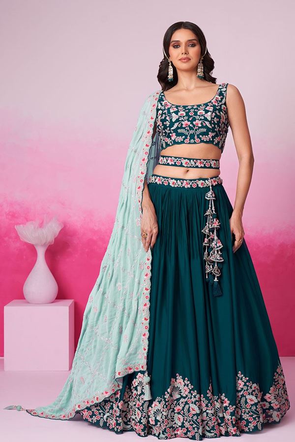 Picture of Exuberant Teal Designer Indo-Western Lehenga Choli for Engagement and Reception