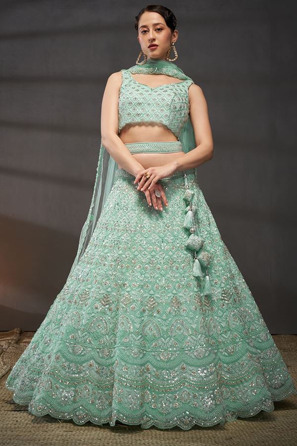 Picture of Charismatic Turquoise Blue Designer Indo-Western Lehenga Choli for Engagement, Wedding and Reception