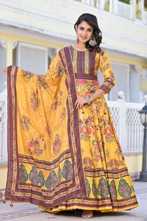 Picture of Flawless Yellow Dola Silk Designer Anarkali Suit for Festivals and Haldi