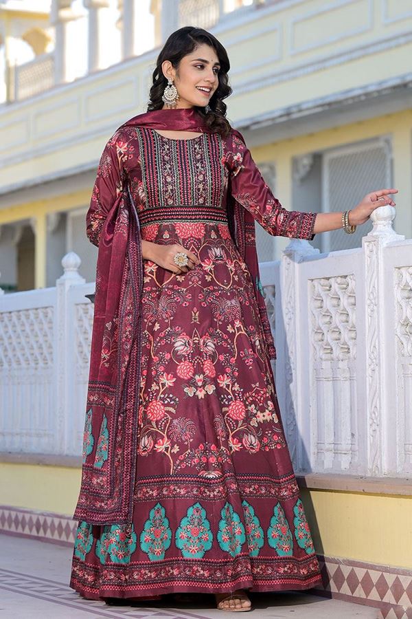 Picture of Stunning Maroon Floral Printed Designer Anarkali Suit for Festivals and Party