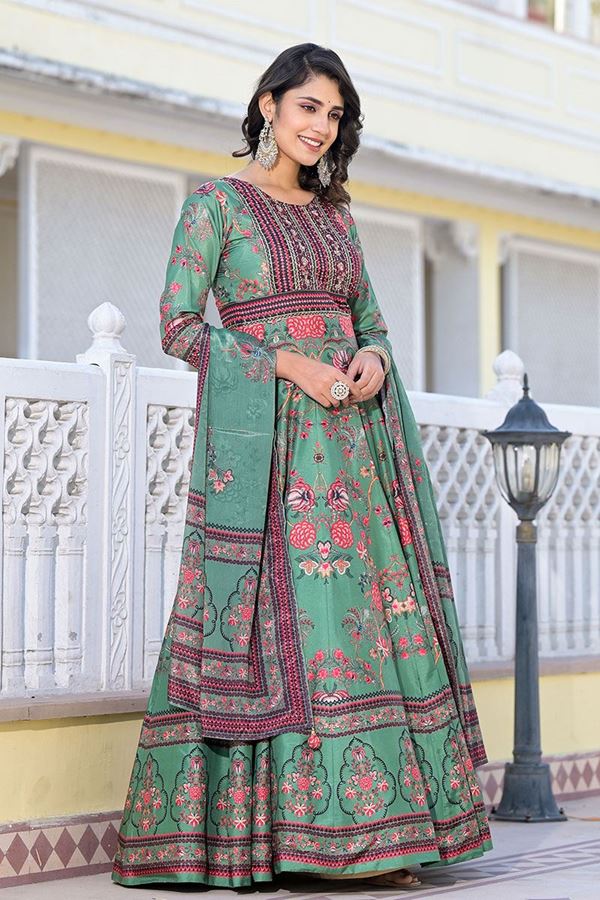 Picture of Lovely Parrot Green Dola Silk Designer Anarkali Suit for Party and Festive wear