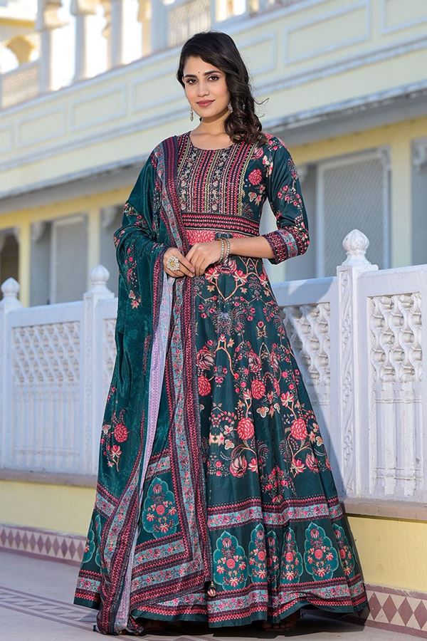 Picture of Enticing Green Floral Printed Designer Anarkali Suit for Party