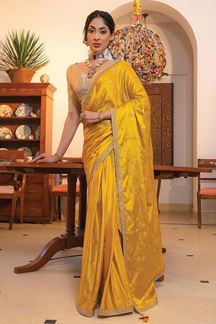 Picture of Exuberant Viscose Satin Silk Designer Saree for Haldi and Wedding 