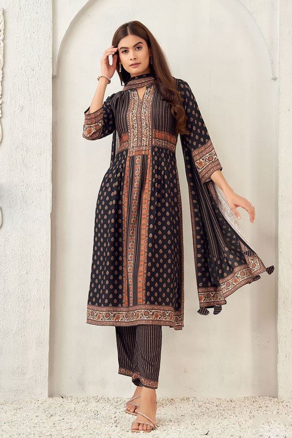 Picture of Flamboyant Black Printed Designer Straight Cut Suit for Party