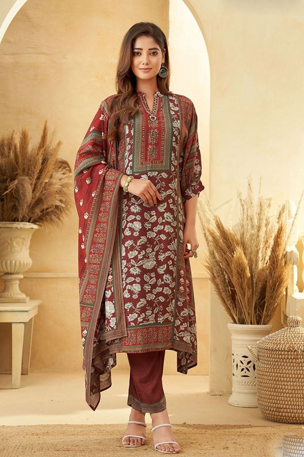 Picture of Delightful Maroon Printed Designer Straight Cut Suit for Party and Festivals