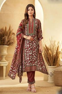 Picture of Delightful Maroon Printed Designer Straight Cut Suit for Party and Festivals