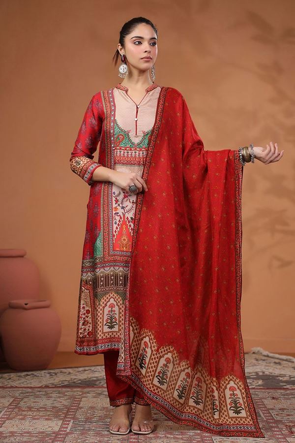 Picture of Smashing Red Printed Designer Straight Cut Suit for Party and Festivals