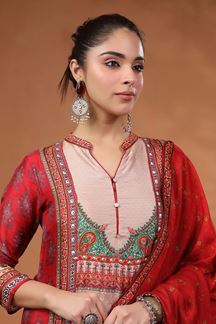 Picture of Smashing Red Printed Designer Straight Cut Suit for Party and Festivals