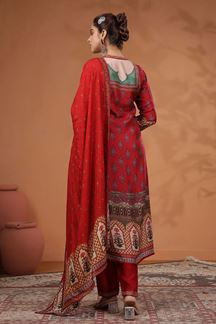 Picture of Smashing Red Printed Designer Straight Cut Suit for Party and Festivals