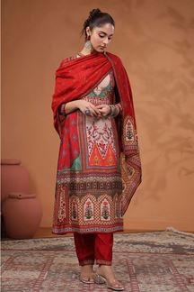 Picture of Smashing Red Printed Designer Straight Cut Suit for Party and Festivals