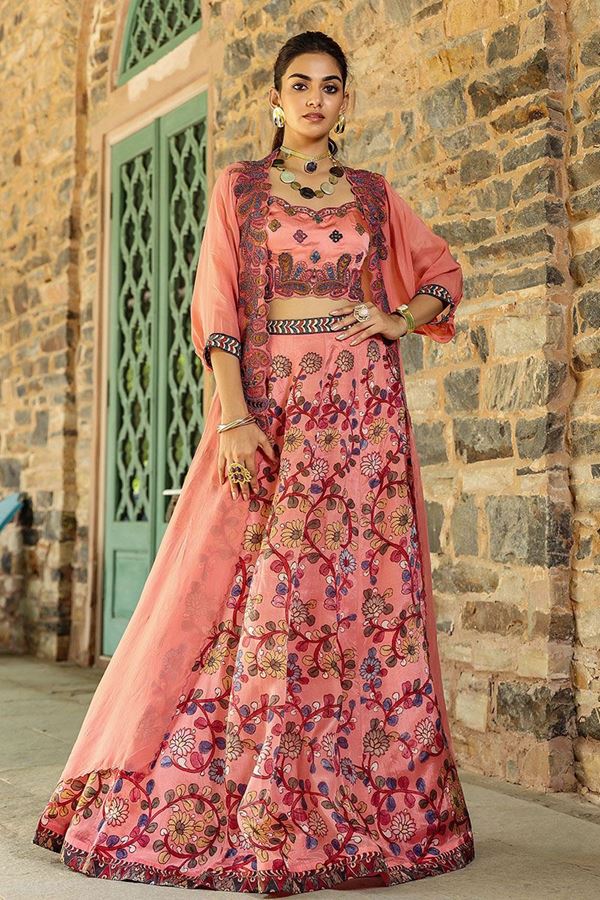 Picture of Fascinating Peach Designer Indo-Western Lehenga Choli for Engagement and Reception